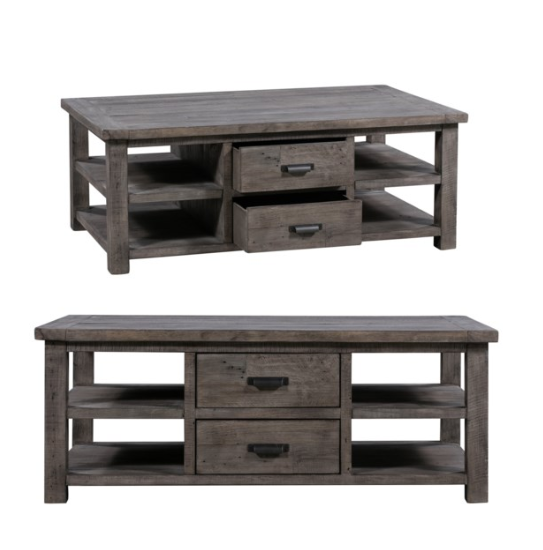 Recycled Pine Distressed Grey 2 Drawer Rectangle Cocktail Table