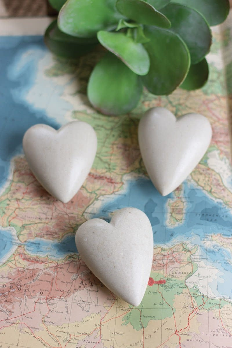 Set Of Six Hand Carved Stone Hearts-light Grey