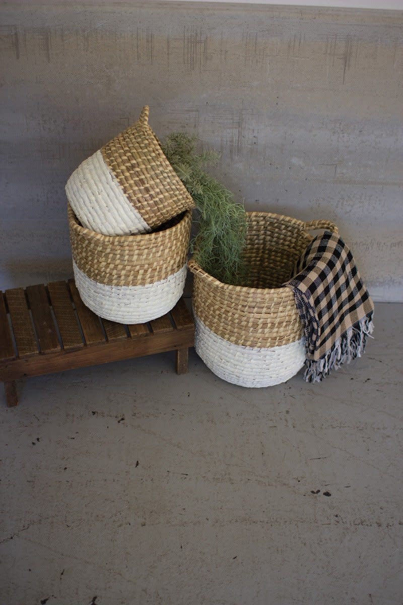 Set Of Three White Dipped Seagrass Hampers With Handles