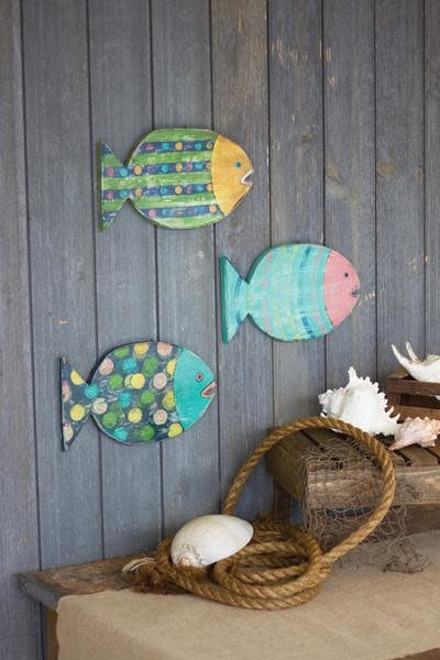 Set Of Three Painted Wooden Fish Wall Hangings