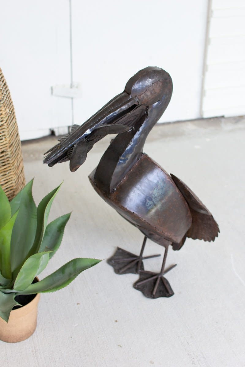 Rustic Recyled Metal Pelican With Fish