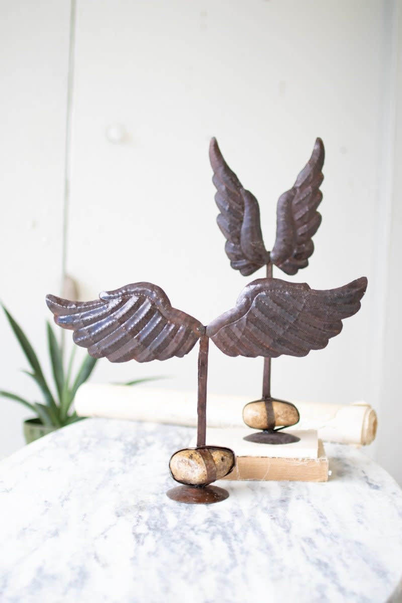 Set Of Two Hand Hammered Angel Wings On Caged Bases