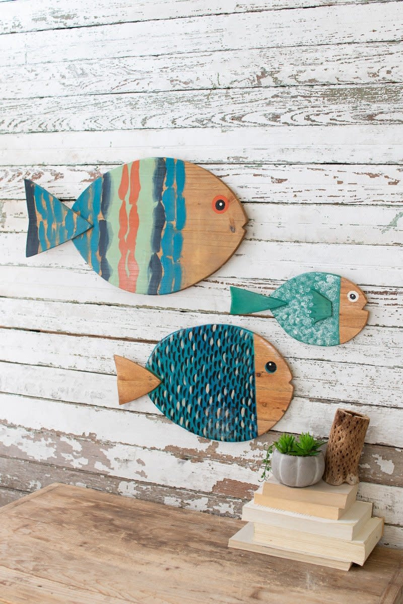 Set Of Three Painted Wooden Fish Wall Hangings