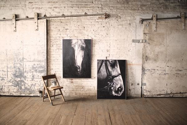 Oil Painting Black & White Front View Horse W Silver Frame
