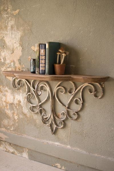 Wood Top Shelf With Metal Filigree Detail