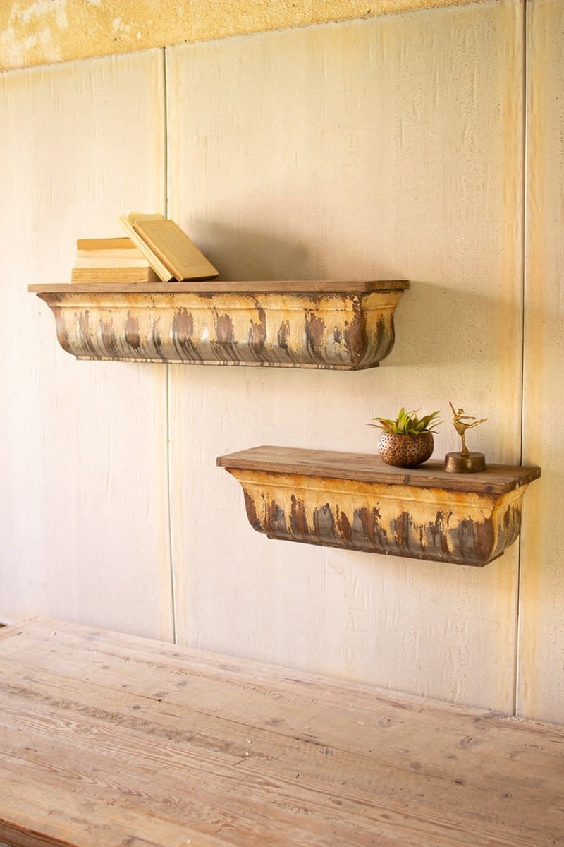 Set Of Two Rustic Metal Shelves With Wood Tops