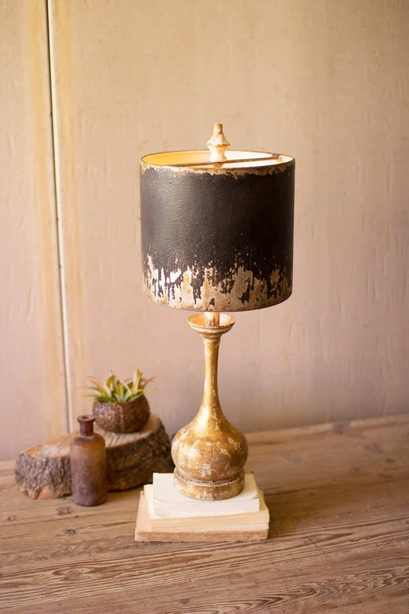 Table Lamp - Round Wooden Base W Black & Gold Metal Shade