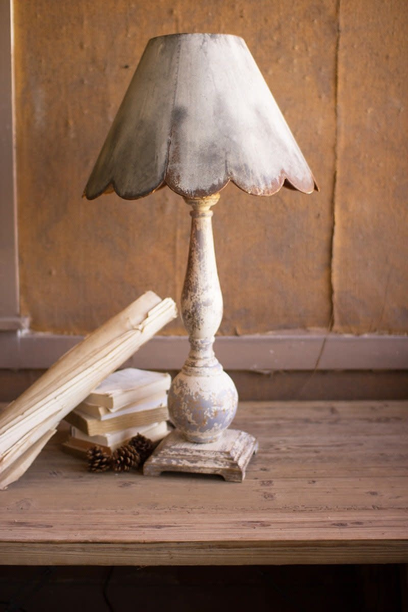 Table Lamp - Wood Base With Rustic Scalloped Metal Shade