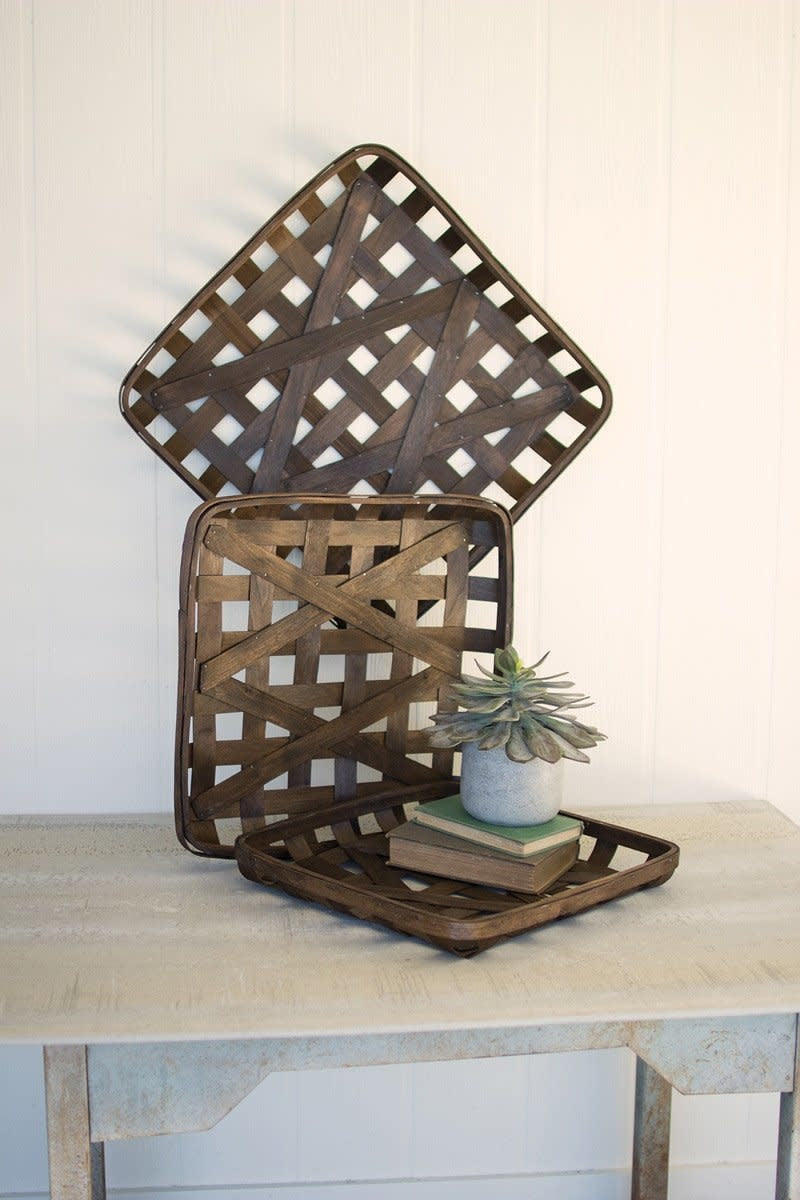 S/3 Dark Brown Square Woven Split Wood Baskets