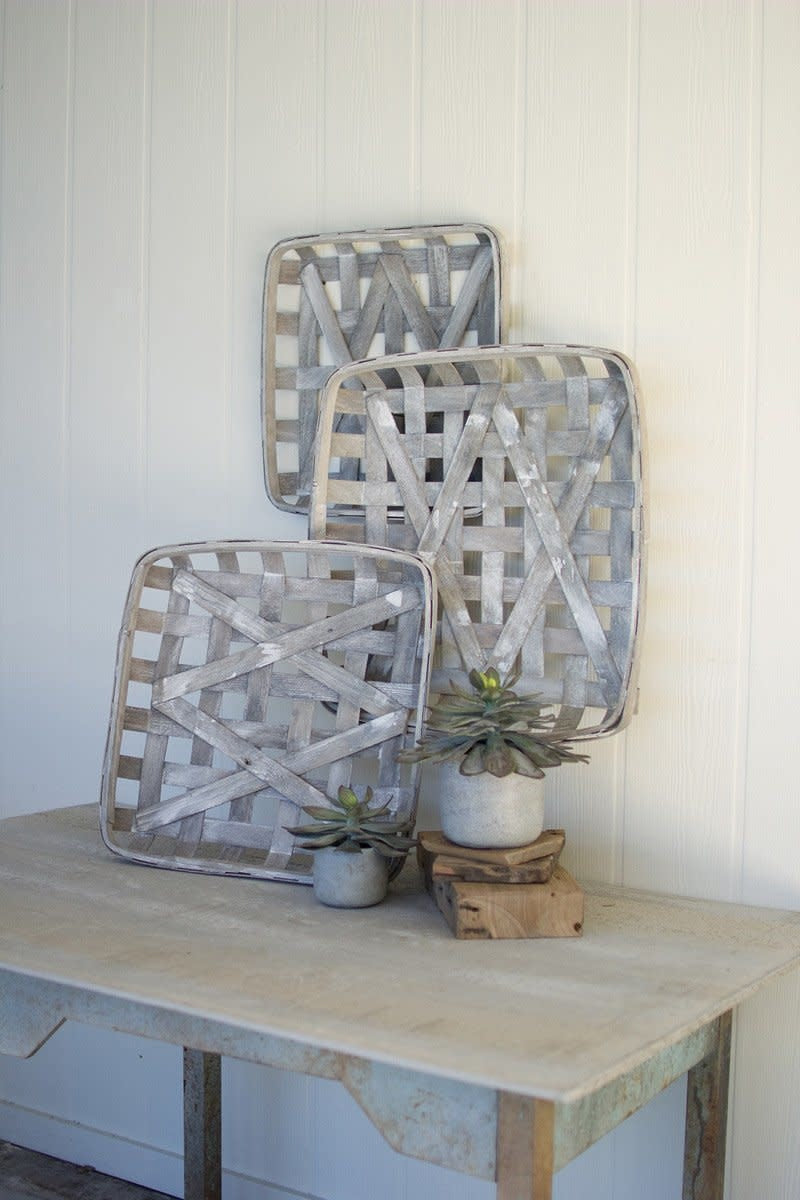 Set Of Three Grey Wash Square Woven Split Wood Baskets
