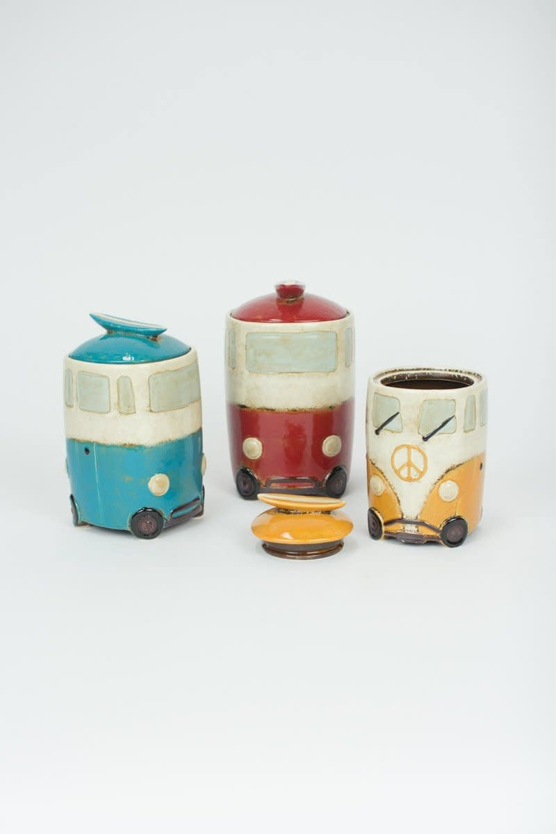 Set Of Three Ceramic Van Canisters With Surfboard Handles