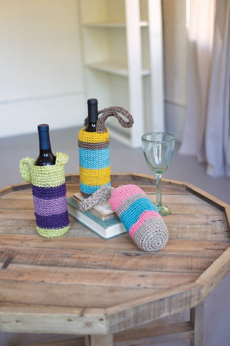 Set Of Three Crocheted Fique Wine Bags