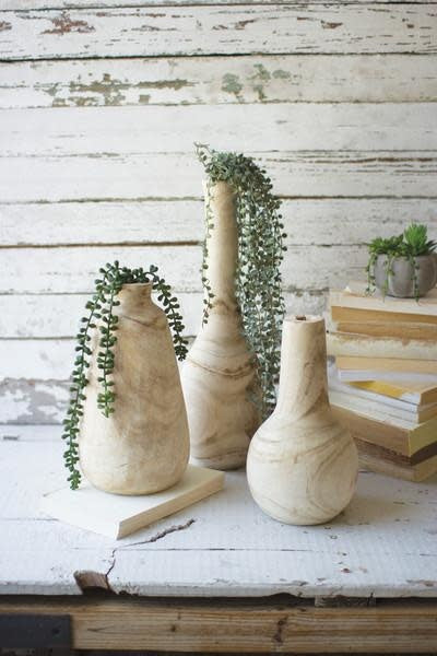 Set Of Three Hand Carved Tall Wooden Vases