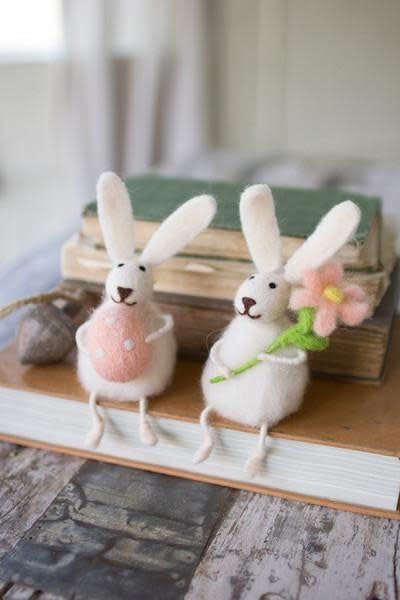 Set Of Two Felt Rabbits With Flower And Egg