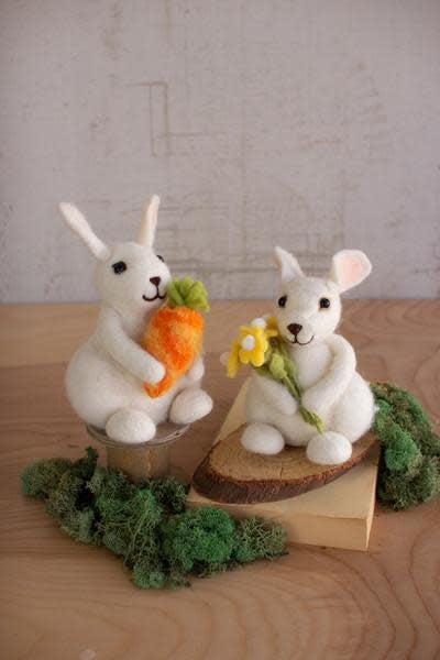 Set Of Two Felt Rabbits With Carrot And Flowers