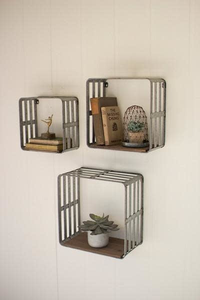 Set Of Three Slat Metal And Wood Display Crates