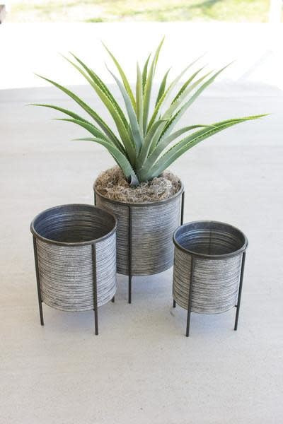 Set Of Three Galvanized Metal Planters With Iron Bases
