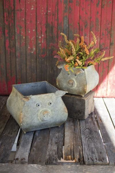 Set Of Two Metal Pig Planters