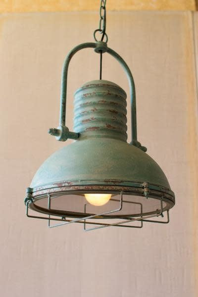 Antique Turquoise Pendant Light With Glass And Wire Cage