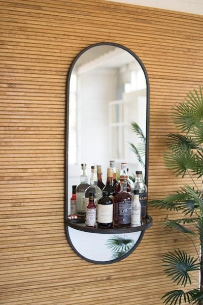 Tall Oval Wall Mirror With Folding Metal Shelf