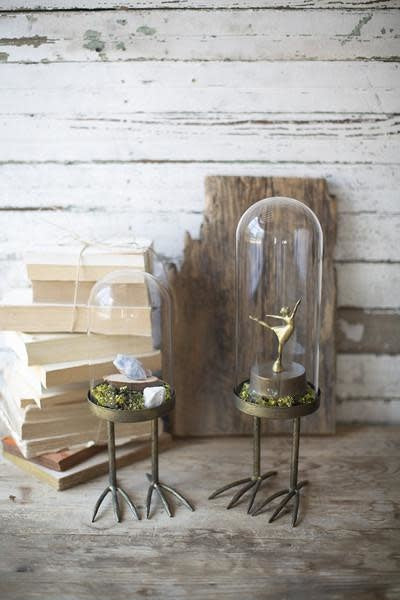 Set Of Two Glass Cloches With Metal Bird Feet