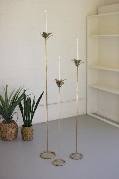 Set Of Three Antique Brass Palm Taper Candle Towers 