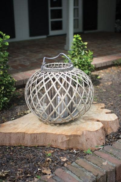 Low Round Grey Willow Lantern With Glass - Large