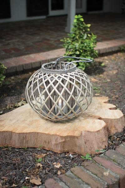 Low Round Grey Willow Lantern With Glass - Small