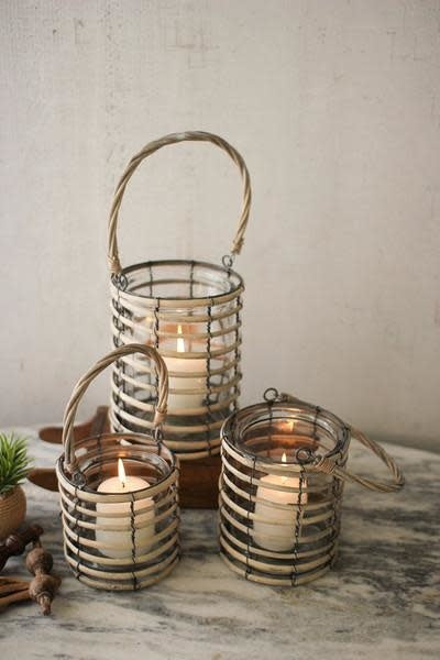 Set Of Three Grey Willow Lanterns With Glass
