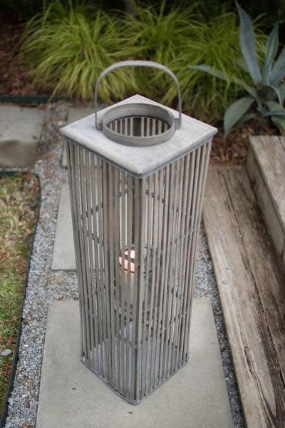 Large Square Bamboo Lantern With Glass - Grey