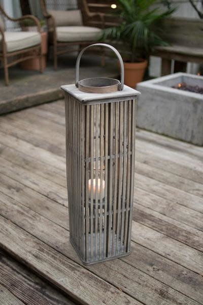 Medium Square Bamboo Lantern With Glass - Grey