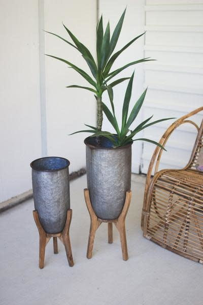 Set Of Two Galvanized Urns On Wood Bases 