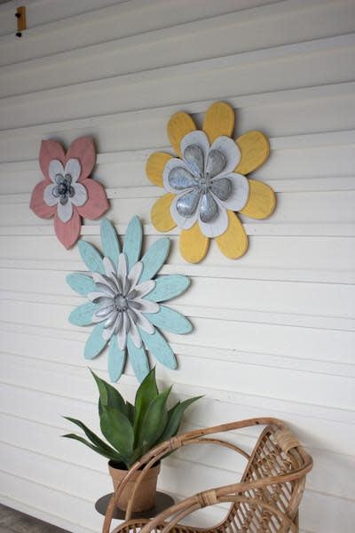 Set Of Three Painted Wood And Metal Wall Flowers