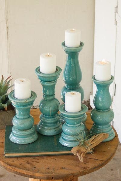 Set Of Five Turquoise Ceramic Candle Holders