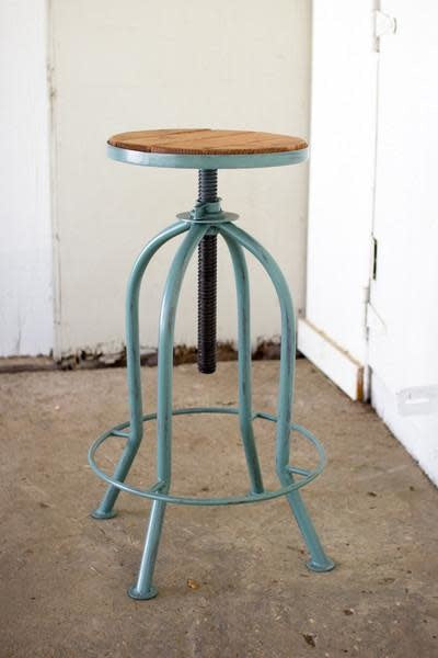 Adjust Bar Stool W Recycled Wood - Industrial Blue Finish