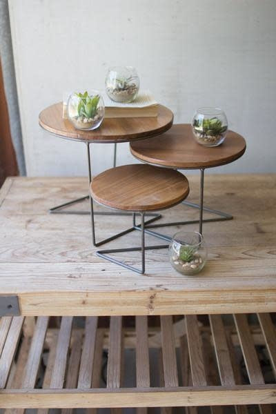 Set Of Three Round Wire Display Risers With Wood Tops
