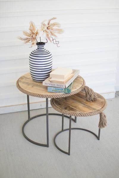 Set Of 2 Round Nesting Tables W Recycled Wood W Rope Accent