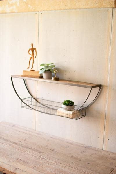 Demi-lune Shelf With Recycled Wood And Wire Basket