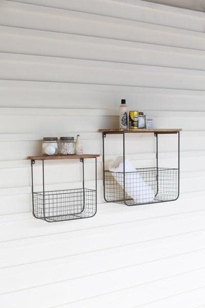 Set Of Two Wire Basket Shelves Wthi Recycled Wood Tops