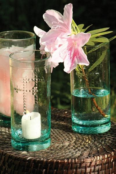 Rustic Glass Candleholder Vase Or Drinkware W Cross Detail