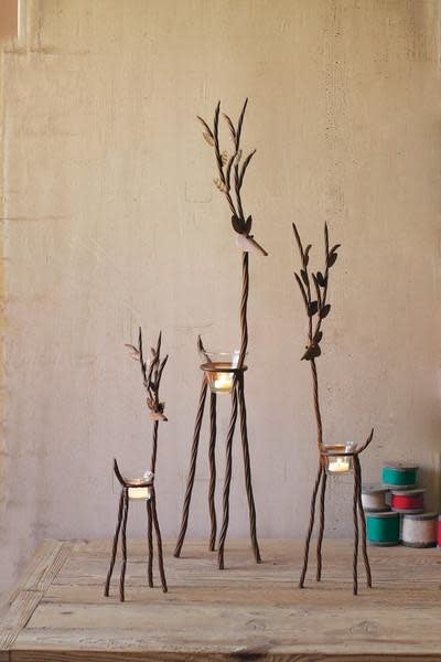 Set Of 3 Rustic Iron Reindeer With Tealight Cups