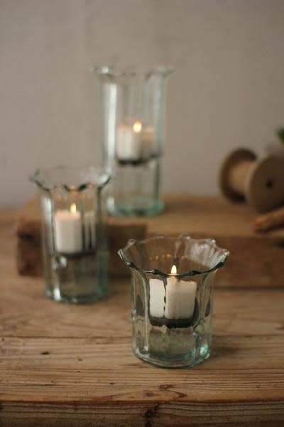 Set Of Three Recycled Glass Ribbed Votive Cylinders