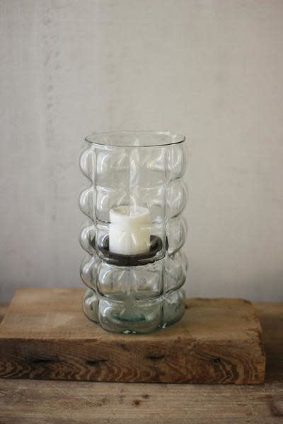 Textured Squares Glass Hurricane W/ Metal Tray - Med