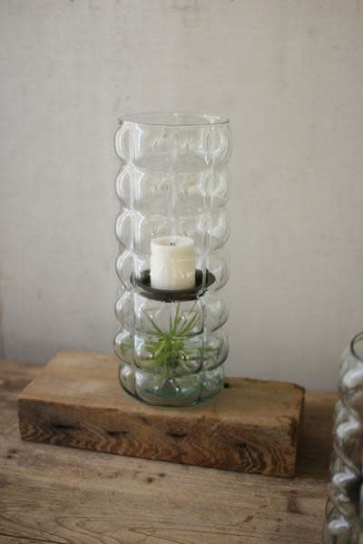 Textured Squares Glass Hurricane W/ Metal Tray - Lrg