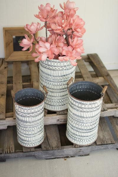 Set Of Three Pressed Tin Buckets With Wooden Handles