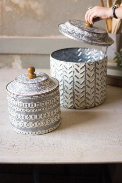 Set Of Two Pressed Tin Canisters