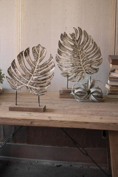 Set Of Two Metal Monstera Leaves On Wooden Bases