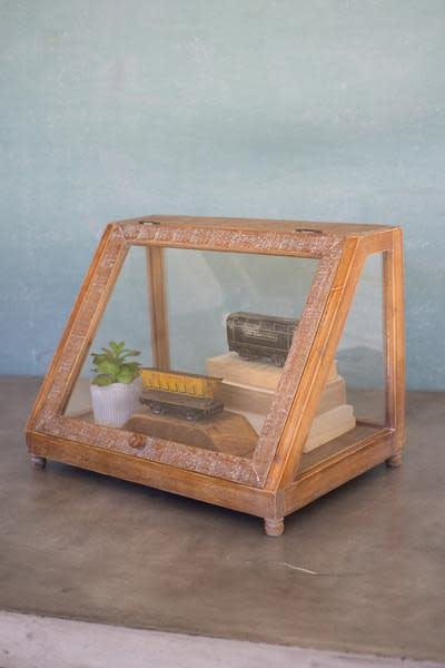 Wood & Glass Display Case W Slanted Front - 20x13.75x14.75t