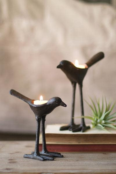 Set Of 2 Cast Iron Bird Tea Light Holders