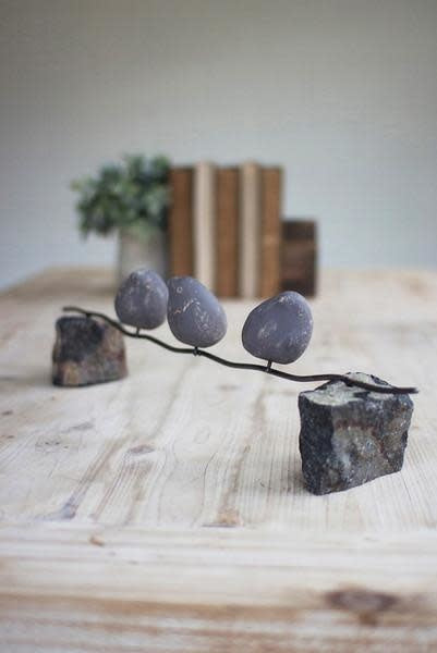 Set Of Three Clay Birds On A Wire W/stone Base